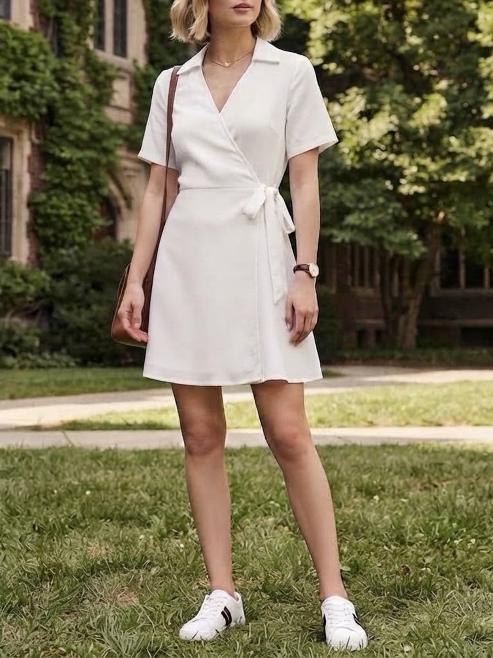 NEW Size S She+Sky White Crepe Short Sleeve Collared V-neck Wrap Mini Dress